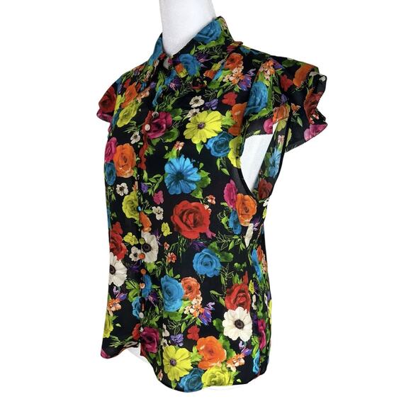 Alice and Olivia Martel Silk Flutter Sleeve Top Floral Button Blouse Size Small - Picture 5 of 7